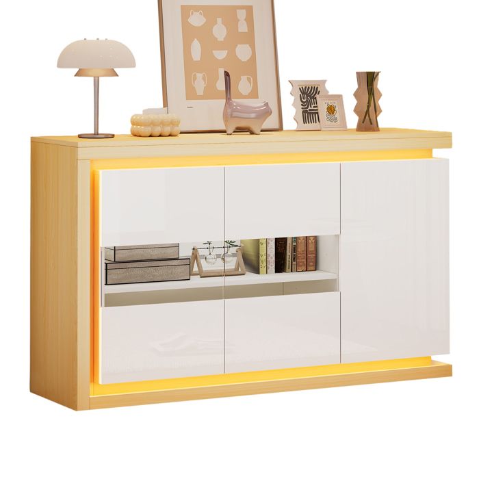 Buffet bas avec 3 portes dont 2 en verre trempé et LED - pour salon et bureau - 140×40×84 cm - blanc brillant