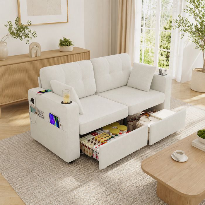 Canapé 2 Places avec Rangements Cachés 2 Tiroirs Ports USB Porte-Gobelets et Poches Latérales pour Salon et Coin Lecture Beige
