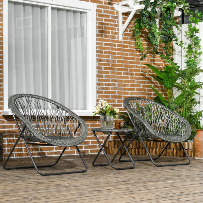 Salon De Jardin Pliant Gris Mobilier Balcon FloraGrace Pour Exterieur Gain De Place Ø46x43cm/76x77x78cm