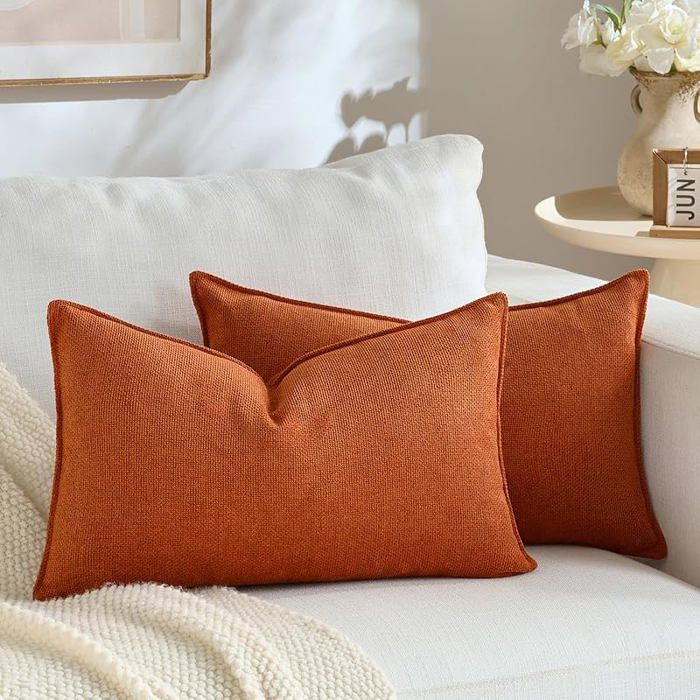 Lot de 2 Housses de Coussin 40 x 80 cm Caramel Chenille au décor Moderne Design uni et Neutre avec Bordure 80 X 4 HOUSSE DE COUSSIN