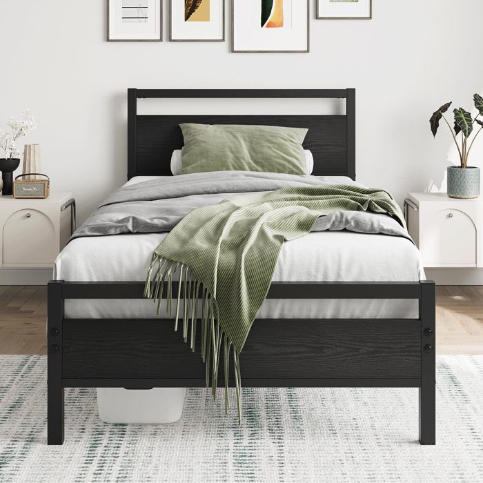 URTR Lit simple 90×200cm métal MDF cadre lit stable avec sommier lattes espace rangement sous lit noir