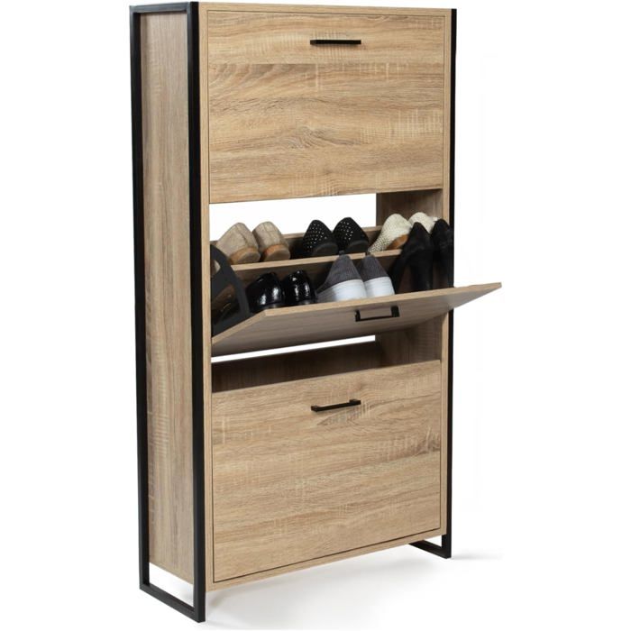 IDMarket Meuble à Chaussures 18 Paires LUIS 3 Portes Design Industriel Métal Noir et Bois Imitation Hêtre