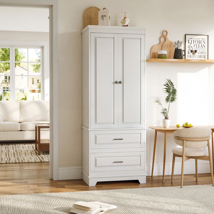 Armoire de rangement haute blanche 157cm buffet 2 portes 2 tiroirs étagère réglable anti-basculement cuisine salle de bain