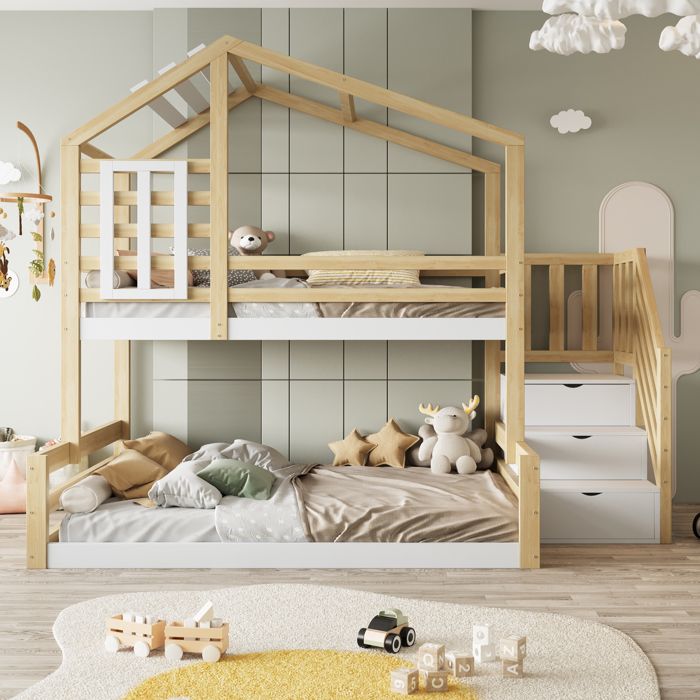Lit superposé - ZEVKOR - 90×200 cm - Pin naturel/MDF - Escalier rangement - Garde-corps