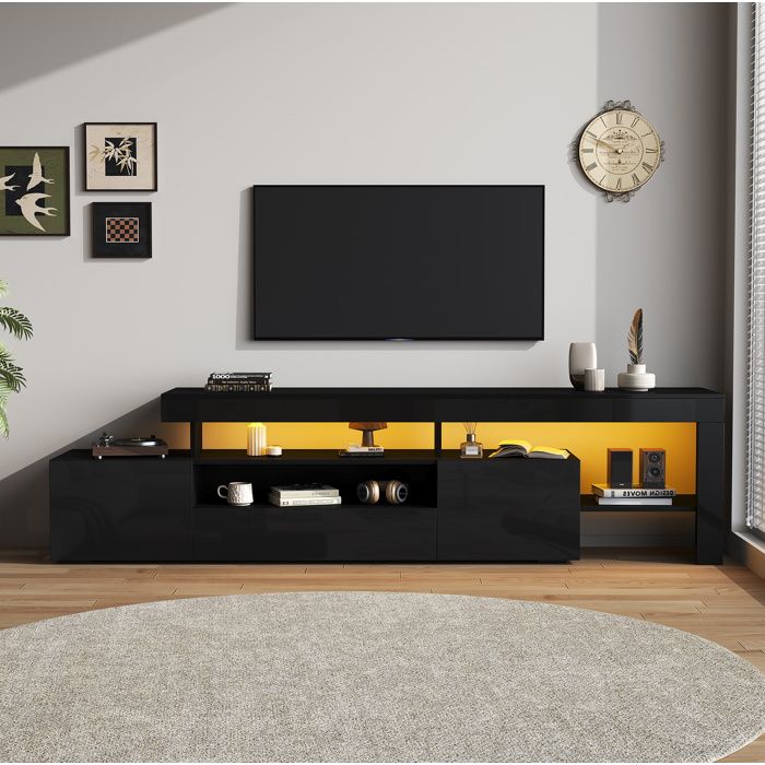 Meuble TV LED 192 cm noir brillant pour TV jusquà 85 pouces avec 3 portes abattantes et rangements JOINERY