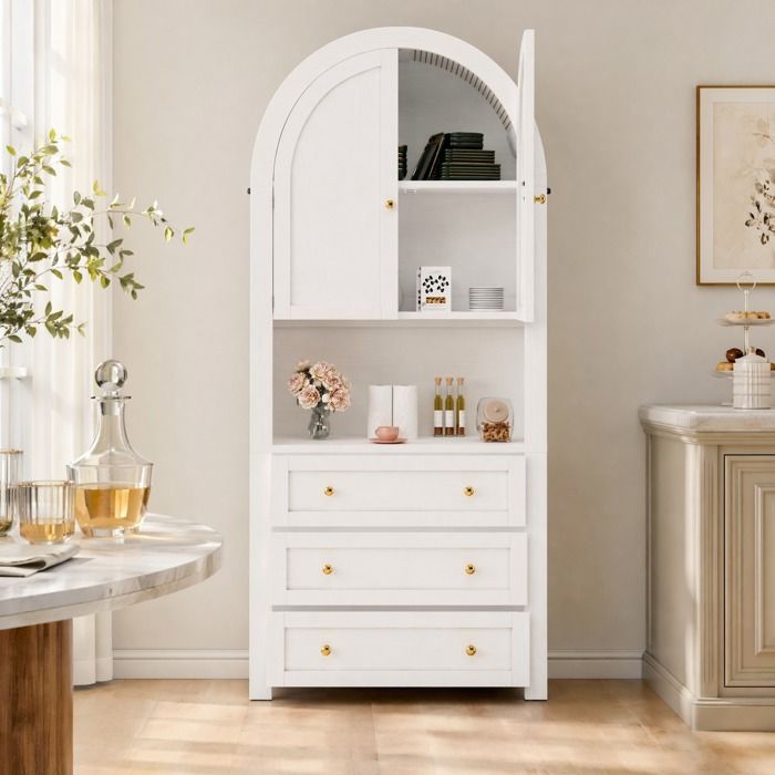 Buffet haut armoire de rangement arche 70x35x180 cm 3 tiroirs portes MDF blanc métal anti-basculement VEVXYN