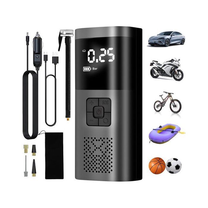 Pompe électrique portable – batterie 6000mAh – 150 PSI – écran LCD – 4 modes – voiture vélo ballon – lampe torche – powerbank