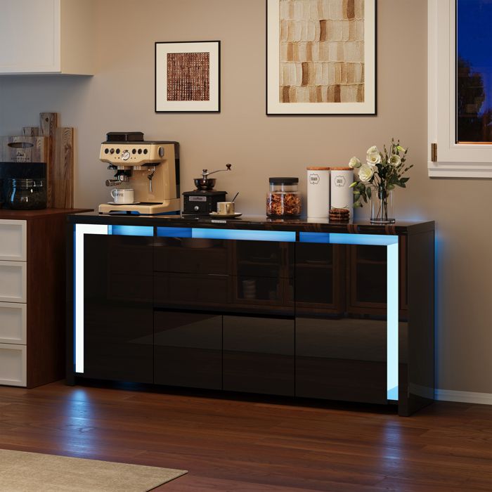 Buffet LED 160 cm bahut moderne brillant meuble de rangement 4 portes 2 tiroirs meuble TV commode cuisine salon noir laqué MDF