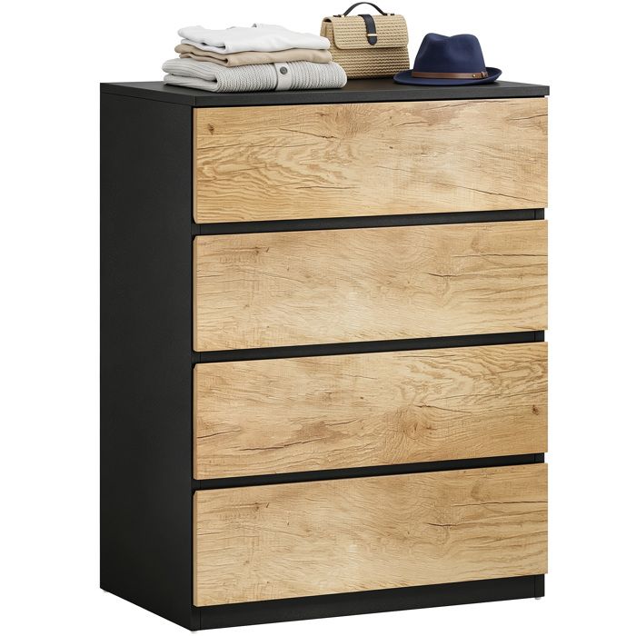 CHEVET Commode Chambre 4 Tiroirs Chiffonnier Design Moderne sans Poignée pour Salon Bureau Entrée Noir et Chêne 60x39x80 cm