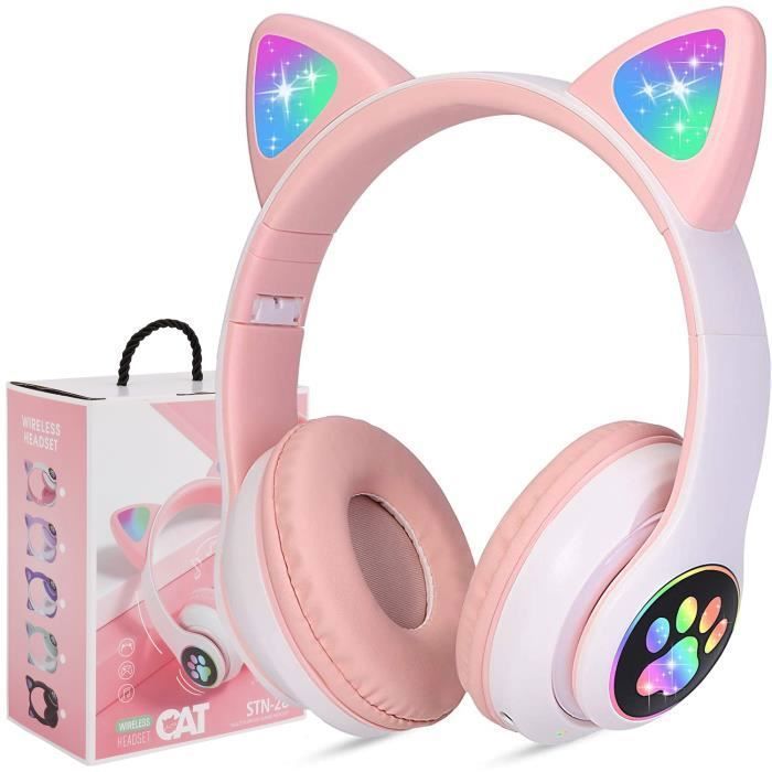 Casque Bluetooth pour Fille Oreilles de Chat sans Fil Audio Stéréo Pliable avec Lumières LED/Micro pour