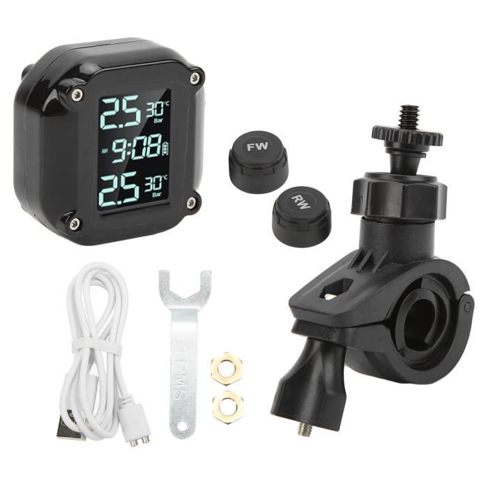 Akozon TPMS de moto Système de surveillance de la pression des pneus de moto avec écran LCD de charge USB à 2 capteurs IP67 TPMS