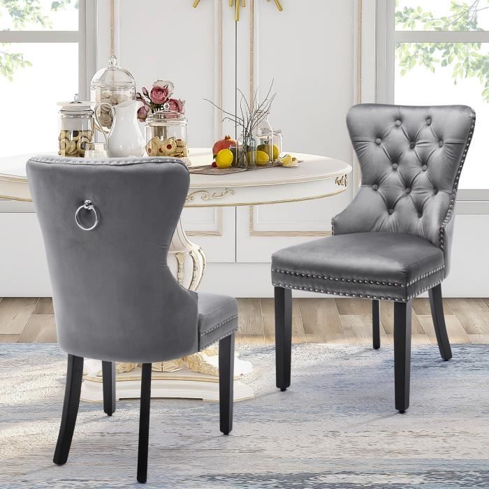 Lot de 2 chaises de salle à manger en velours avec pieds en chêne,Chaise de chambre à coucher，Gris