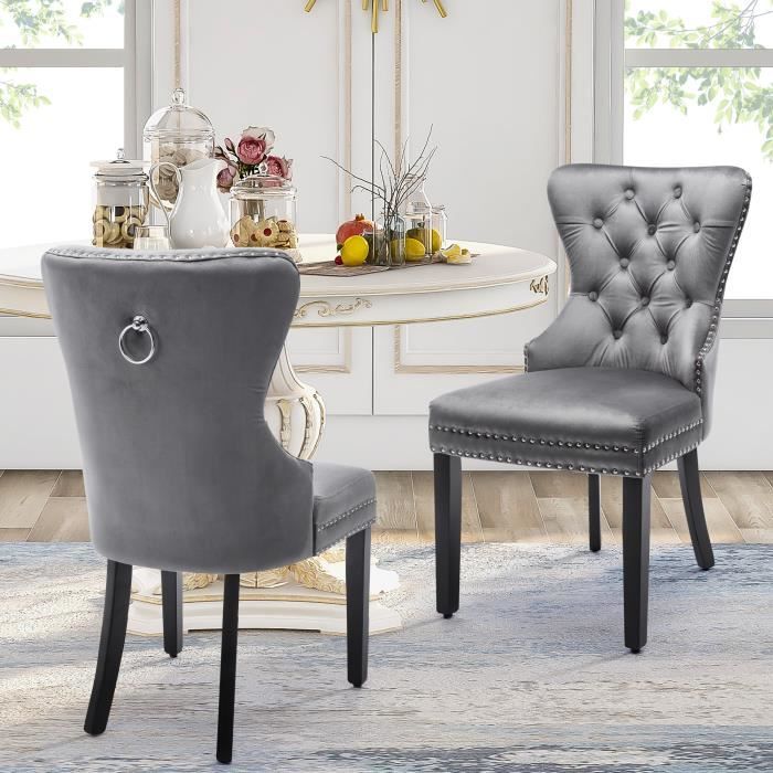 lot de 2 chaises de salle à manger en velours avec pieds en chêne,chaise de chambre à coucher gris