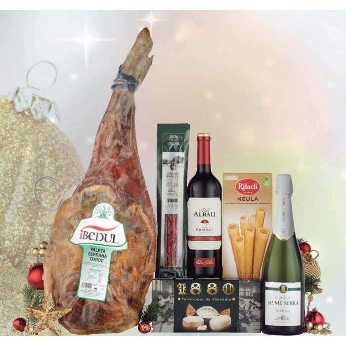 Coffret gourmand de Noël Espagnol avec 1 Jambon Serrano, chorizo