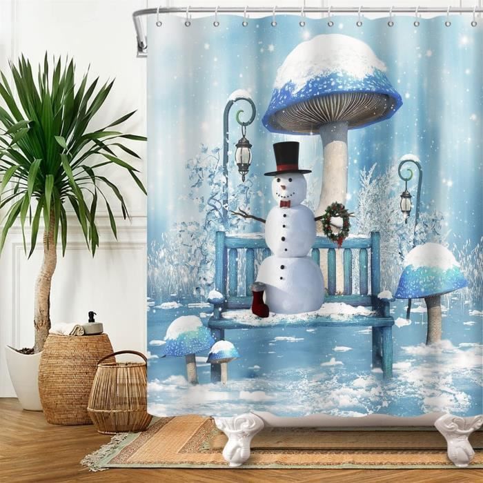 Rideau De Douche Motif Bonhomme De Neige Avec 10 Crochets 150 X 180 Cm