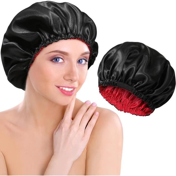 Bonnet de Nuit de protection cheveux en Satin noir réversible 