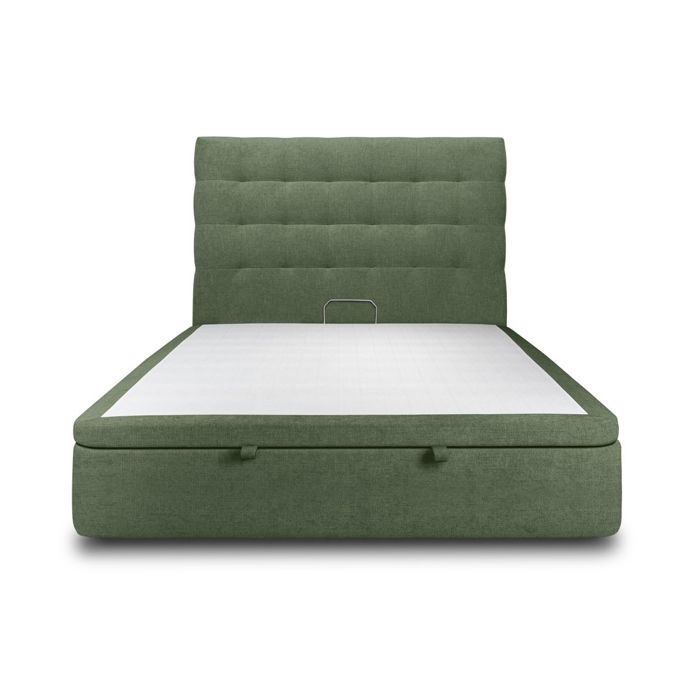 Lit coffre 200x200cm avec tête de lit capitonnée Tissu Vert - Hauteur totale : 39cm - Sommier en bois massif avec Pieds bois 10 cm