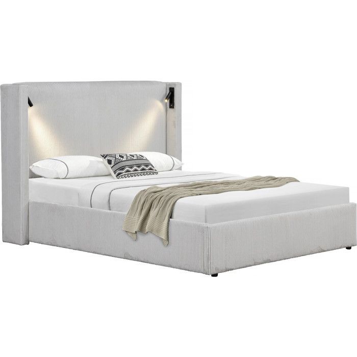 Lit double en velours côtelé avec coffre et lampe intégré Cortina - 140 x 190 cm- Beige