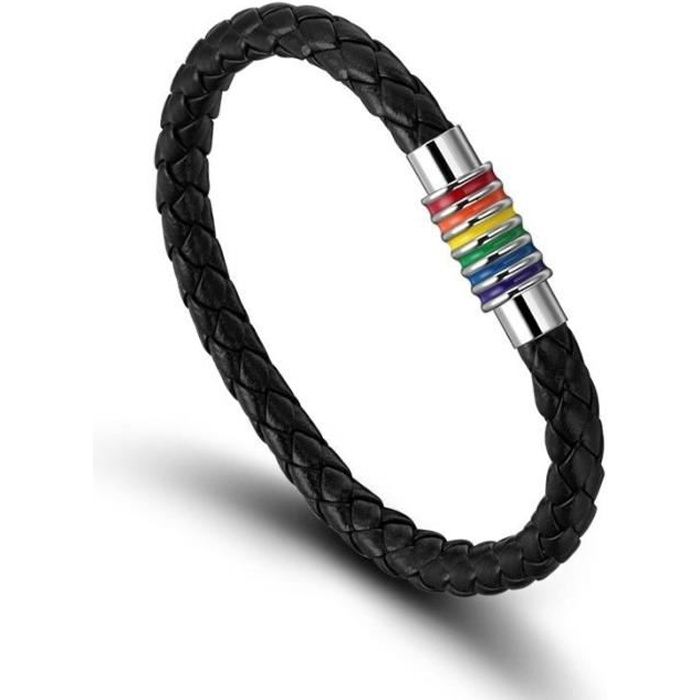 Bracelet - LGBT - Cuir tressé - Fermoir magnétique en acier - Couleurs de larc-en-ciel - Mixte