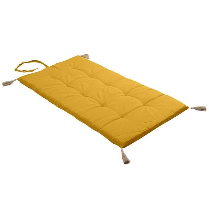 coussin futon repliable enjoy home panama en coton certifié oeko-tex avec pompons en jute - jaune moutarde