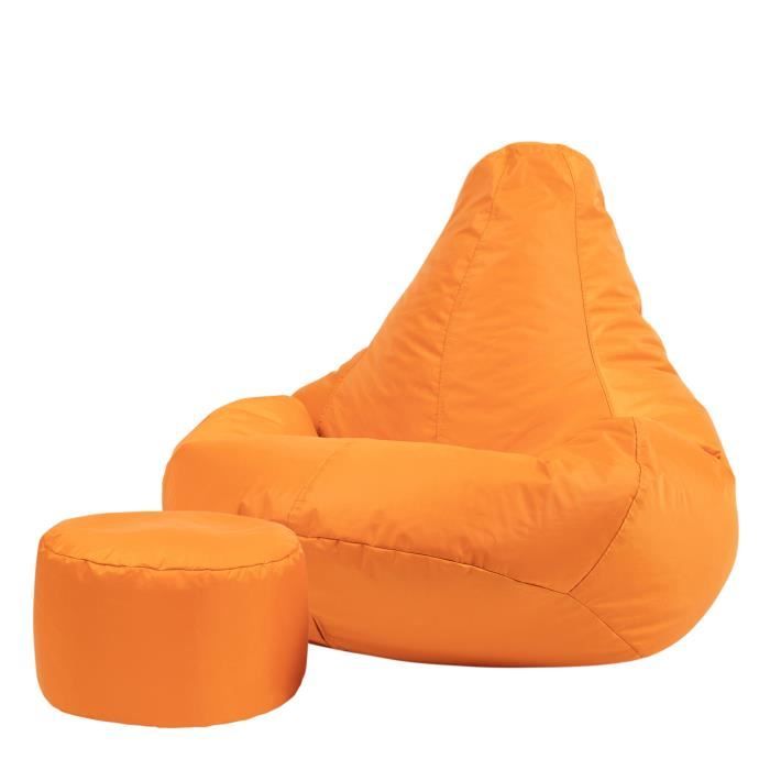 pouf fauteuil recliner et repose-pieds - veeva - textile tissé - résistant à l’eau - orange
