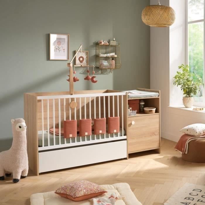 Lit bébé combiné - 120x60cm - Evolutif en 90x190cm - Babyprice Up - Décor bois - Avec commode à langer 1 porte