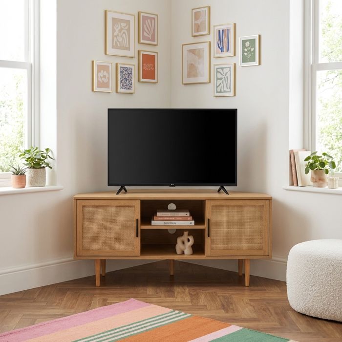 Meuble tv dangle AMANA effet chêne et cannage rotin 2 portes - Bois