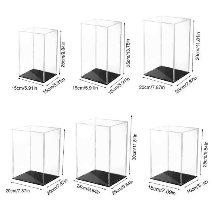 Vitrine en acrylique transparent avec base noire, protection du modèle, couvercle anti-poussière, support de protection du beurre, boîte d'exposition de stockage d'objets de collection  15
