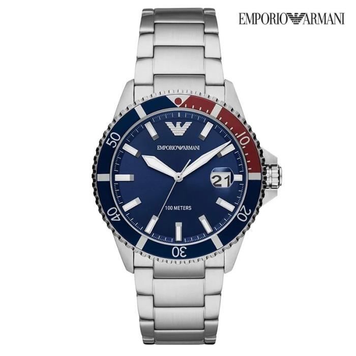 Montre à quartz pour homme EMPORIO ARMANI AR11339 - Argent - Bleu - 43MM - Date à trois aiguilles - 10 ATM