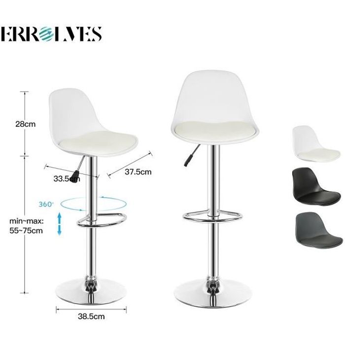 ERROLVES® Lot de 2 Tabouret de Bar en Similicuir chaise de bar Hauteur réglable 83-103cm Blanc