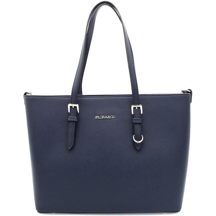 flora&co - sac cabas femmes grande taille xl - sac à main porté epaule rigide - sac lycéenne format a4 - silimicuir bicolore (ble