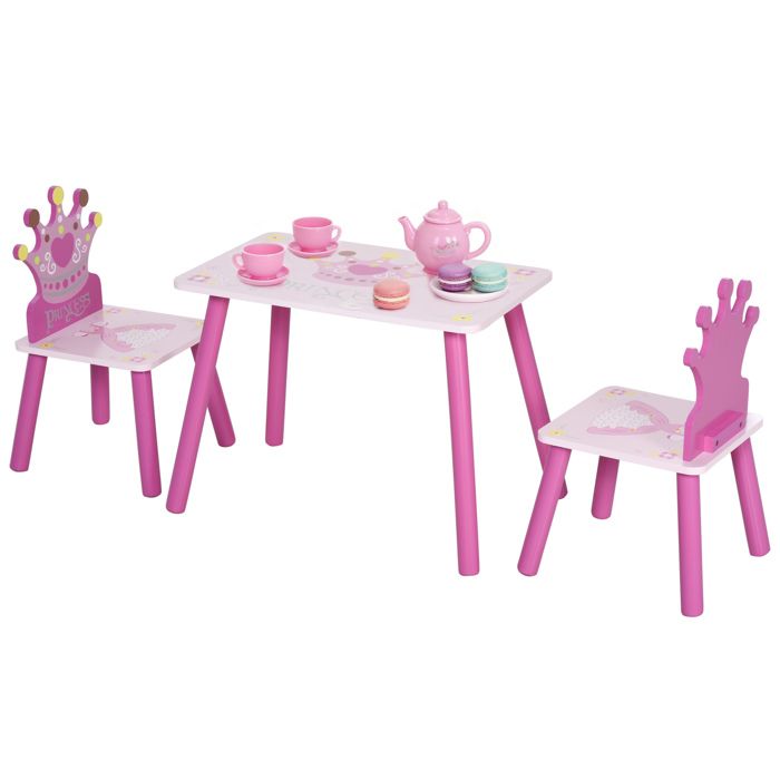 Ensemble table et 2 chaises - HOMCOM - enfant 3 pièces pieds bois massif motif couronne - bois - rose