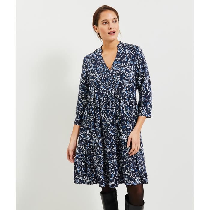 Robe fluide imprimee femme GRAIN DE MALICE Manches 3 4 Col V Longueur genoux Tons bleus Marine Cdiscount Pret a Porter