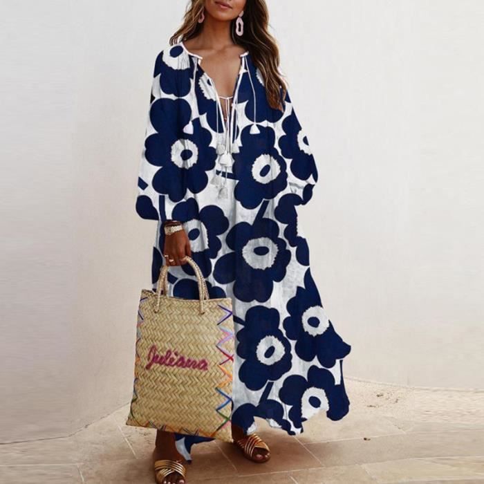 NNGOTD Robe Femme Printemps Ete 2023 Maxi Robe en Mousseline De Soie À Motif Floral Col V Robe Longue Robe avec Blouse De Protection Solaire Robe Espagnole Femme