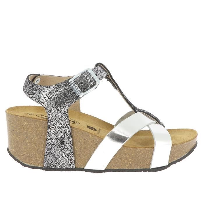 Sandales femme Plakton SO CROSS Cuir argent Talon compens