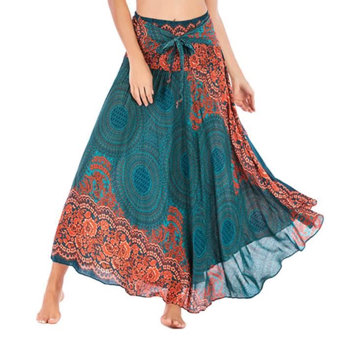 Femmes Longues Hippie Bohème Gypsy Floral Impression Taille Élastique Halter Jupes Vert288