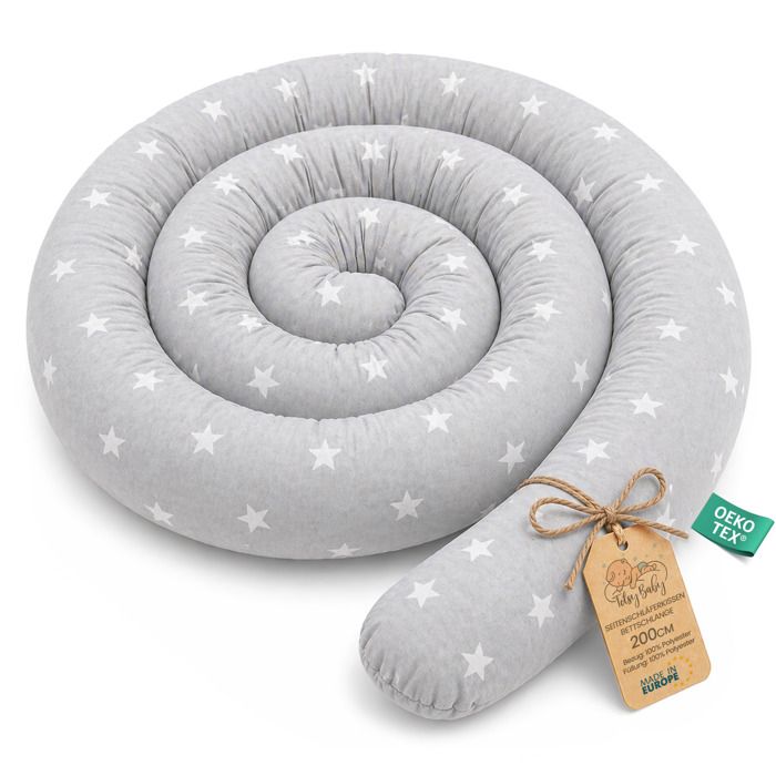 Coussin serpentin XXL 200 cm - bordure de lit coussin d’allaitement décoratif protection de lit fait main étoiles blanches gris