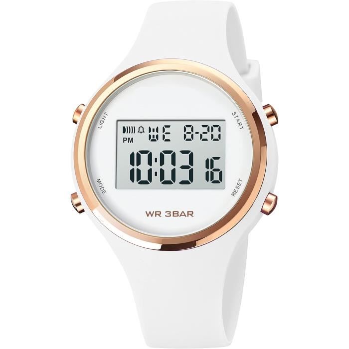 Montre Numérique, Pour Femme Et Enfant, Multifonctionnelle, En Silicone,  Avec Alarme Lumineuse, Chronomètre, Or Rose[u3330] Blanc., - Achat/vente  montre Noir Neuf - Cdiscount