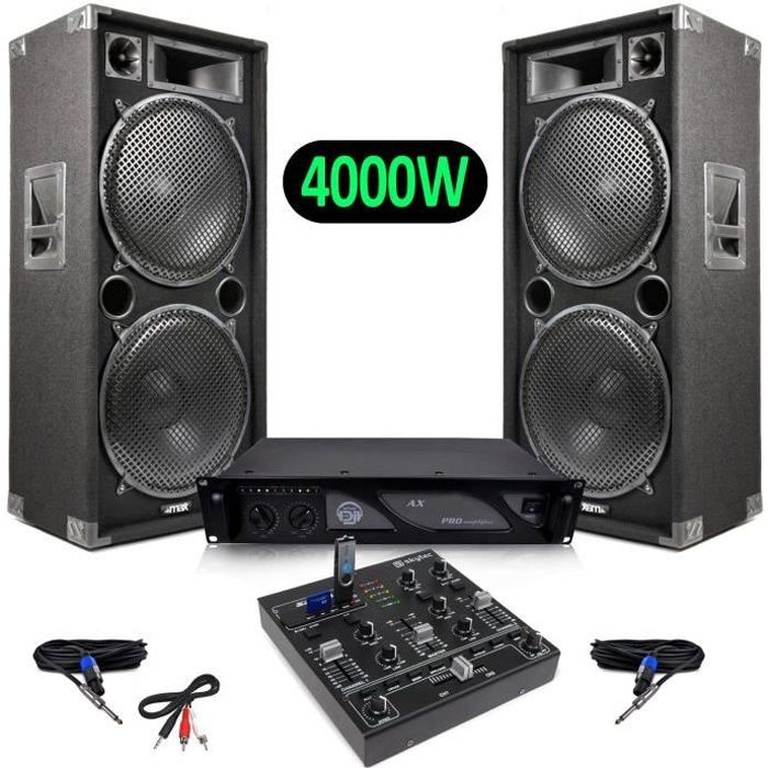Pack Sono Enceintes 4000W + Mini table de mixage 4 canaux USB MP3 Effets Sound + Ampli AX 3000W