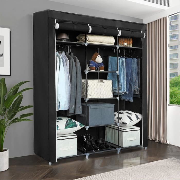 Penderie Souple XJING - Noir 150 x 45 x 175 cm - Structure Acier Inoxydable - 3 Portes à Volet Roulant