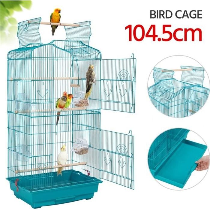 Comparer les prix de Cage à Oiseaux - 46 x 36 x 92 cm - Toit Ouvrable pour Calopsitte Élégante Inséparable - Bleu Canard - Yaheetech