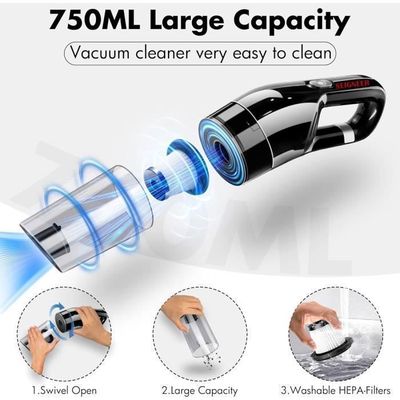 Aspirateur De Voiture Puissant 6500 Pa, 120W - Sans Batterie, Avec Câble Allume-cigare 4,5 M - Filtre HEPA Lavable, Bac 0,5 L