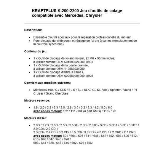 KRAFTPLUS K.200-1041 Kit Calage de distribution Pige Réglage Arbre