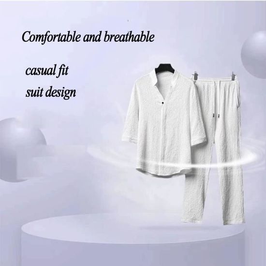 Costume Casual Deux-pièces Manches Courtes Couleur Unie Ensemble De Coton à Manches Courtes En Lin Uni Pour Hommes, Couleur Taille, Décontracté, Grand T-shirt Pour Hommes, Costumes Et Ensembles De Costumes Et, Blanc - 13