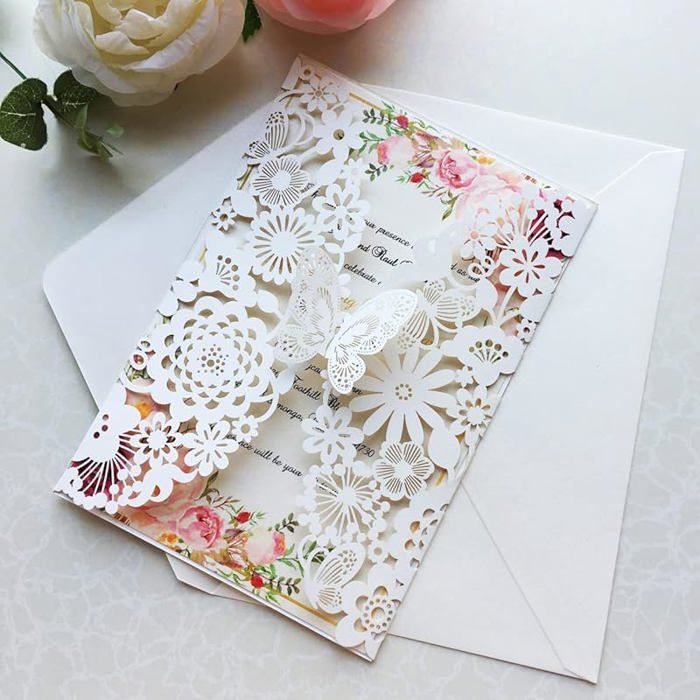 20x Invitations Mariage Ivoire Papillon Floral Découpé Laser Avec Enveloppes - Hosmsua