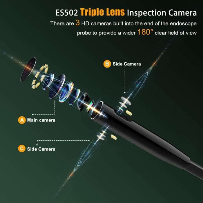 Hiacinto Camera Endoscopique, Camera Inspection Canalisation Rotative à 360°  avec Lumière Caméra Endoscopique Écran IPS, 5.0 Pouces Camera d Inspection  étanche IP67 avec 8 LED Câble, Flexible de 1m : : Auto et Moto