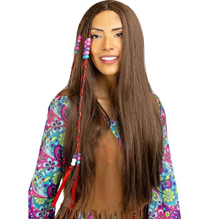 Perruque Hippie Brune Cheveux Longs Avec Raie Au Milieu - Smiffys