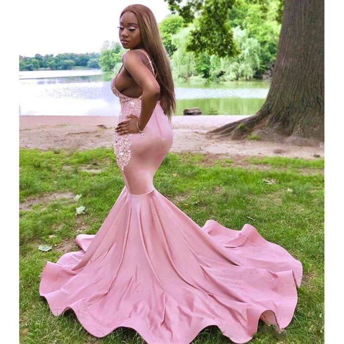 Femmes africaines rose longue fête robes de bal réglable Spaghetti sangle  grand volant sirène robe soirée anniversaire vêtements-M