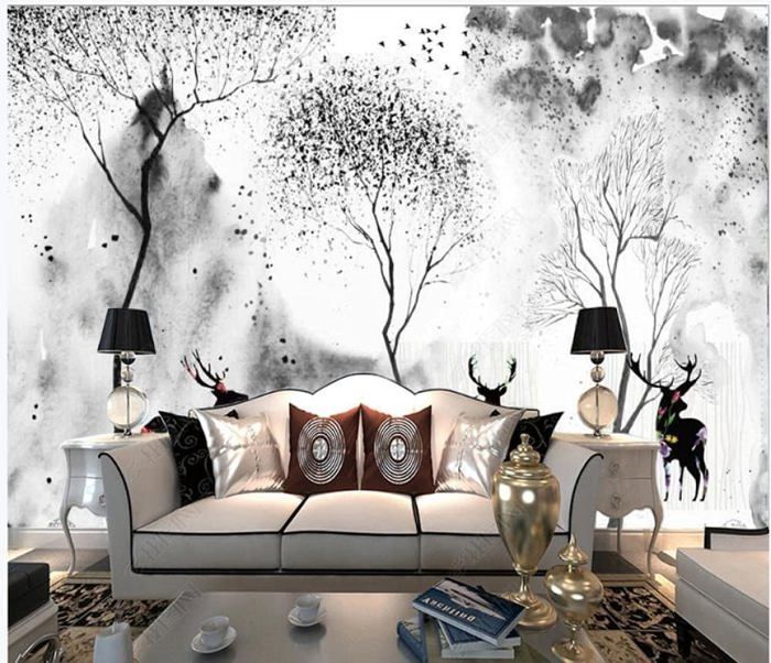 Papier Peint Panoramique 3D Noir Et Blanc Forêt Grand Arbre Élan Art ...