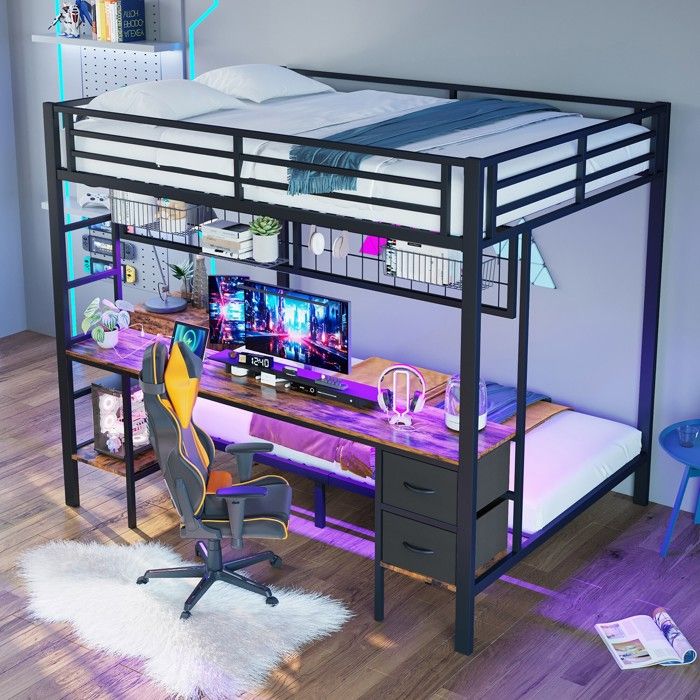 Lit Superposé En Métal 140x200cm - Avec Bureau - éclairage